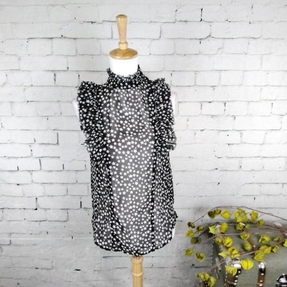 Elan Tops - Elan Star Print Ruffled Sleeveless High Collar Top In Black Size Small